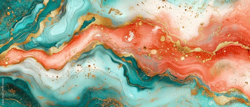 Poster abstract teal and coral marbled background with golden accents and fluid patterns, creating a luxuri