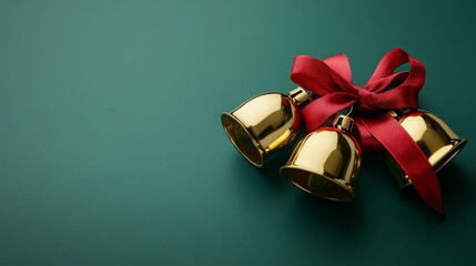 Shiny gold bells tied with a rich red ribbon. Festive holiday decor.