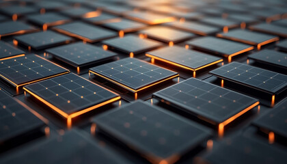 Fototapeta premium Renewable Energy Market Trends Concept. Close-up of solar panels with a sleek, modern design and warm lighting effect.
