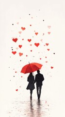 Couple walking under red umbrella with falling hearts illustrating love and valentine's day