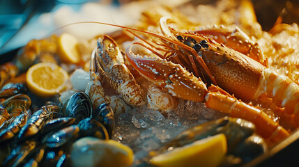 Fresh seafood platter featuring lobsters, crabs, and mussels with lemon garnish