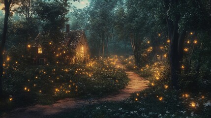 A serene, enchanting forest scene is depicted, showcasing a rustic wooden cottage that emanates a warm glow from its windows. The surrounding area is illuminated by soft, golden fireflies, creating a 