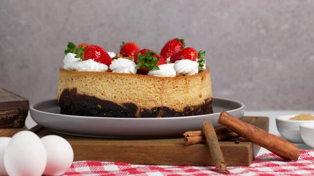 Mexican chocoflan, impossible cake, flan napolitano, a mexican dessert with strawberries on top