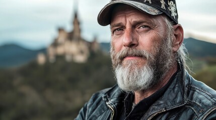 Fototapeta premium Man with gray beard wearing a cap poses outdoors with castle in the background during overcast daylight in a serene landscape