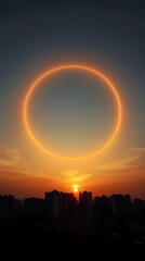 Fototapeta premium Sunrise over National Day and Mid-Autumn Festival celebration with simplicity, blue sky, and an orange halo for smartphone wallpaper