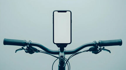 Naklejka premium Smartphone with blank screen mounted on bicycle handlebars.