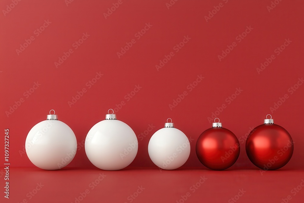 Poster a minimalist display of red and white christmas ornaments arranged in a line against a solid red bac