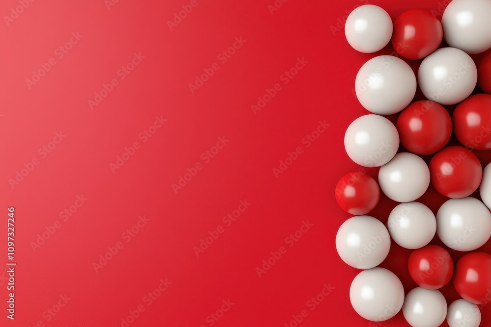 Poster a vibrant arrangement of red and white spheres set against a red background, creating a visually str