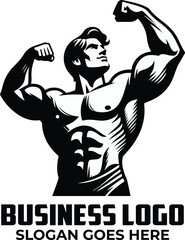 Muscular Man Flexing Muscle Logo Design Template