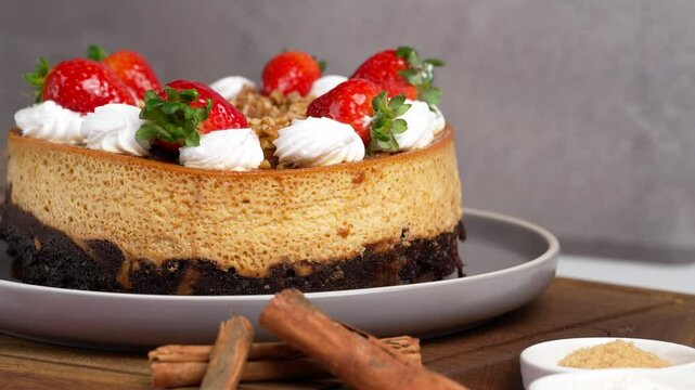 Freshly Homemade Mexican Chocoflan, Impossible Cake, Flan napolitano, a Mexican dessert with strawberries, nuts and whipped cream on top