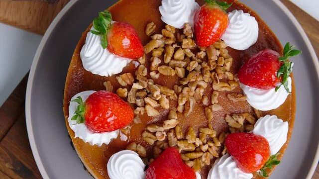 Homemade Mexican chocoflan, impossible cake, flan napolitano, a Mexican dessert with strawberries, nuts and whipped cream on top, camera rotates slowly