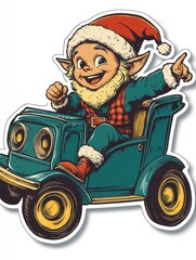 A sticker of an elf driving a lowrider sleigh with speakers in the back, isolated on white background 