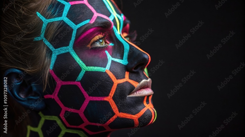 Aufkleber a visually arresting image of a face showcasing bold hexagons in various neon hues. the patterns are