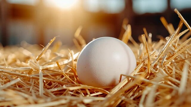 A close-up of a white egg resting on straw with a warm sunlight background.