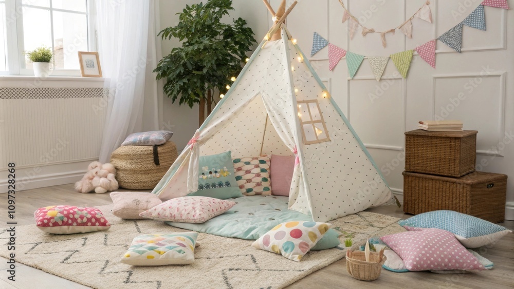 Poster Surrounding the teepee are an array of soft floor cushions in various colors and shapes inviting little ones to gather round for storytime or to play games on a plush surface.
