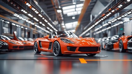 Fototapeta premium Modern Automotive Factory with Rows of Luxury Cars. Manufacturing, Technology, and Innovation Concept