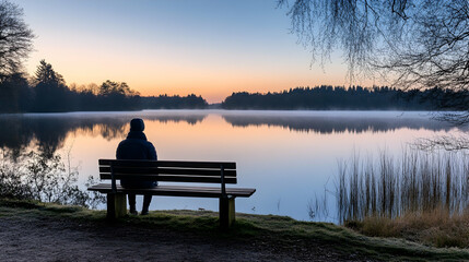 Solitary figure sits on a bench by a tranquil lake at sunrise, enjoying the serene and peaceful atmosphere.