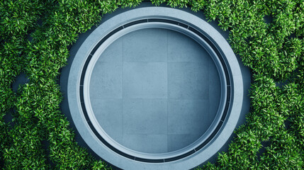Renewable Energy Market Trends Concept. Empty circular space surrounded by lush green foliage, creating a serene and natural aesthetic.