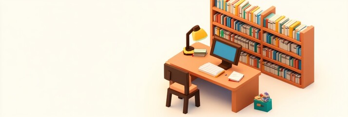 Obraz premium A cozy workspace featuring a desk, computer, lamp, and bookshelf filled with books.