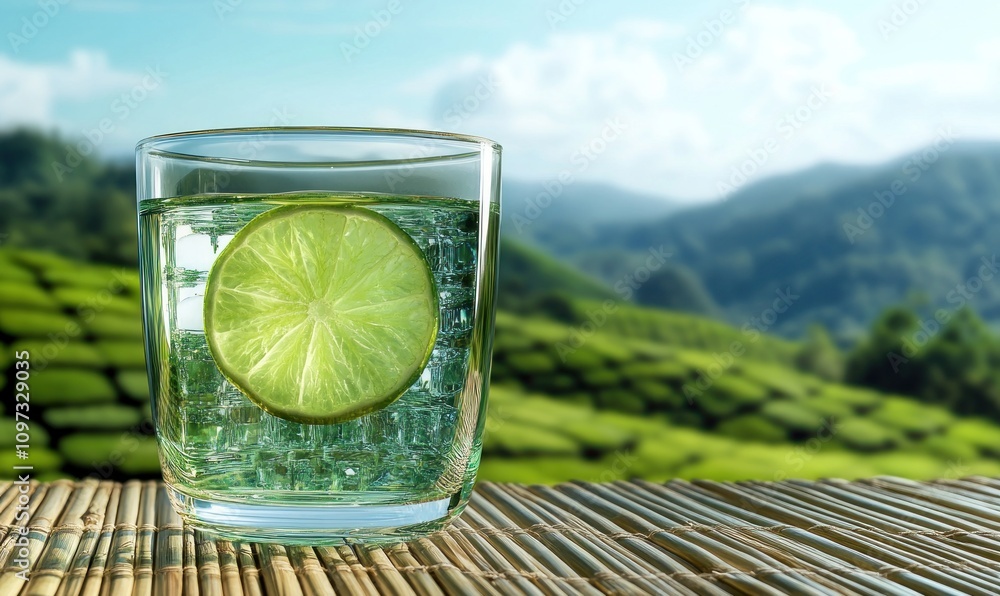 Poster a refreshing drink with a lime slice sits on a table, set against a scenic mountainous backdrop.