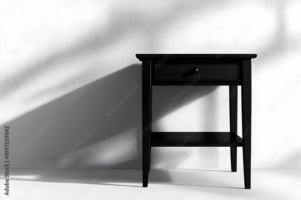 Aufkleber elegant black side table with a drawer and open shelf, casting soft shadows against a textured wall,