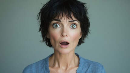 A middle-aged woman with short dark hair, looking surprised with wide eyes and a slightly open mouth