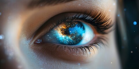 Close up of wide open human eye with galaxy reflection and glowing starry sky. Macrography of woman looking at camera confidently. Focus on eyes. Focus on eyes. Concept of vision and beauty