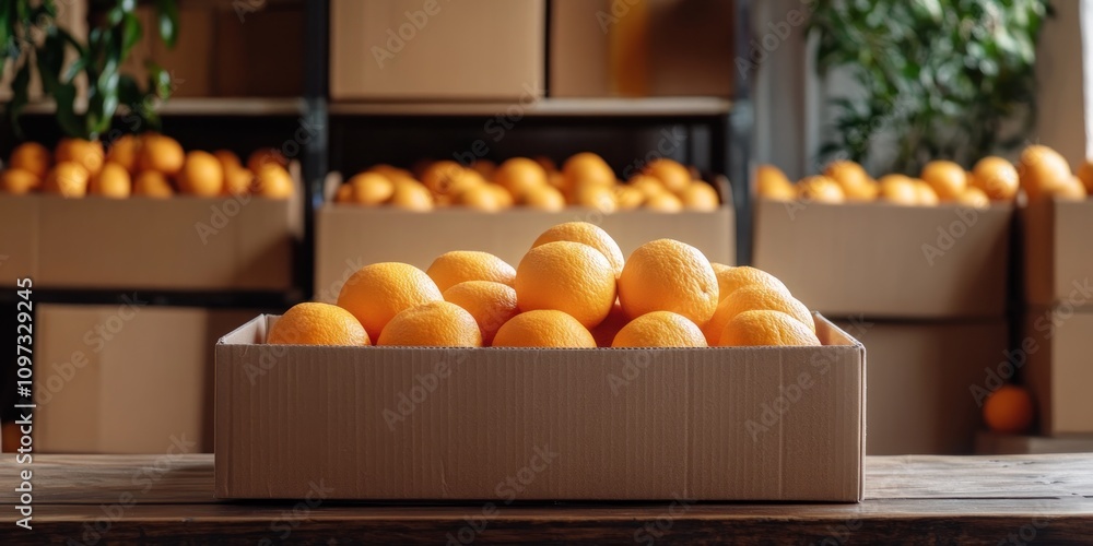 Poster a box filled with fresh oranges, surrounded by more boxes of oranges in a storage area.