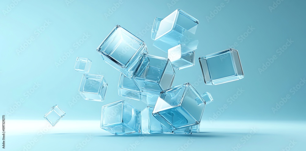 Poster a cluster of transparent ice cubes against a soft blue background.