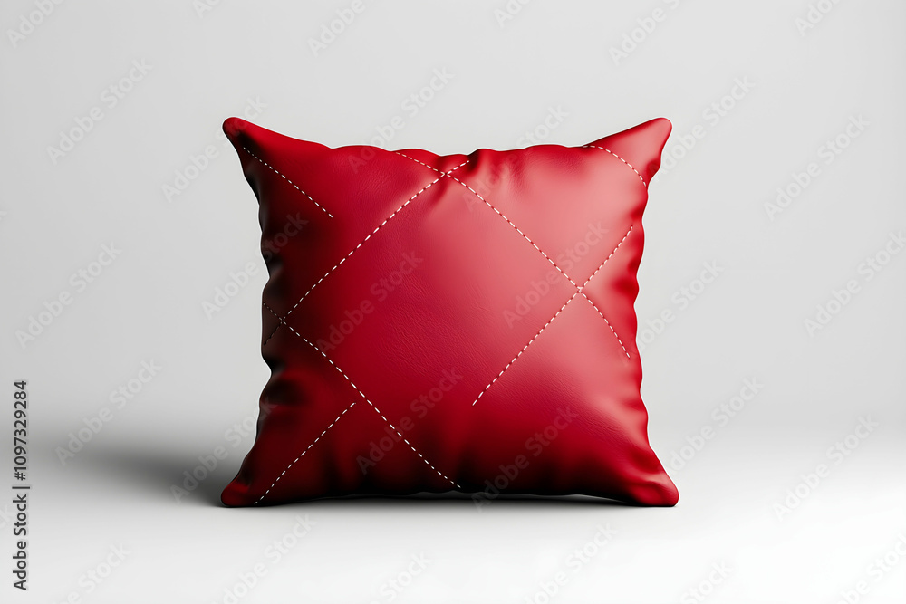 Poster luxurious red decorative pillow with soft texture and elegant stitching on a minimalistic background