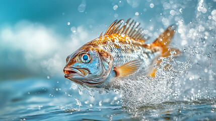 Vibrant fish leaps from the water, creating splashes in a clear blue lake
