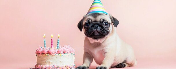 A pug wearing a party hat beside a birthday cake with candles.