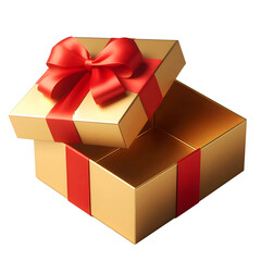 Luxurious Gold Gift Box with a Red Ribbon, Opened to Reveal a Striking Red Interior, Highlighting Elegance and Anticipation