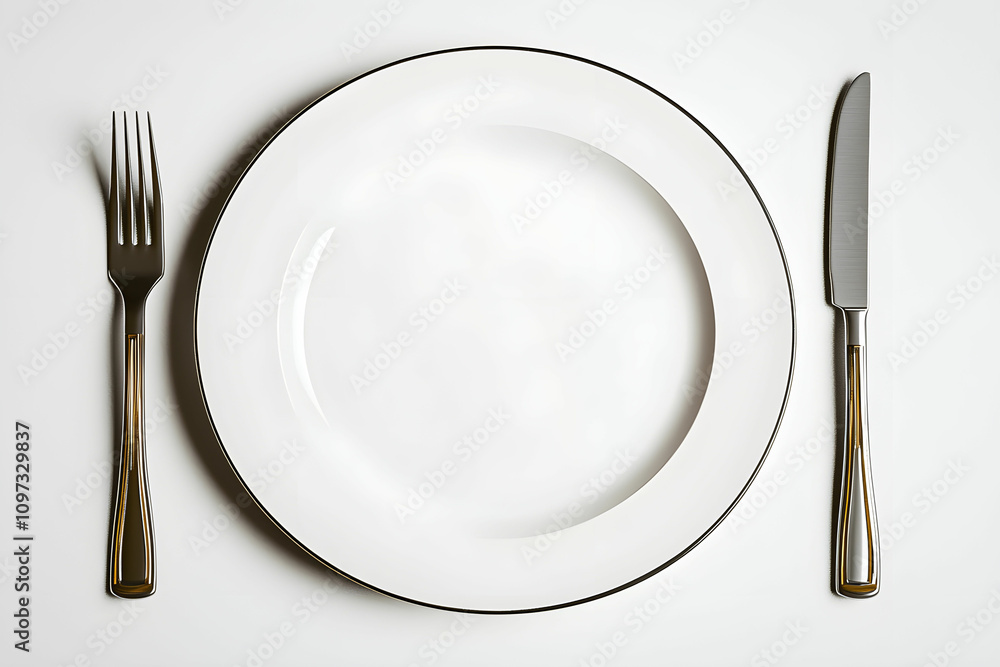 Poster elegant dining setup with empty white plate, knife, and fork on a simple white background for restau