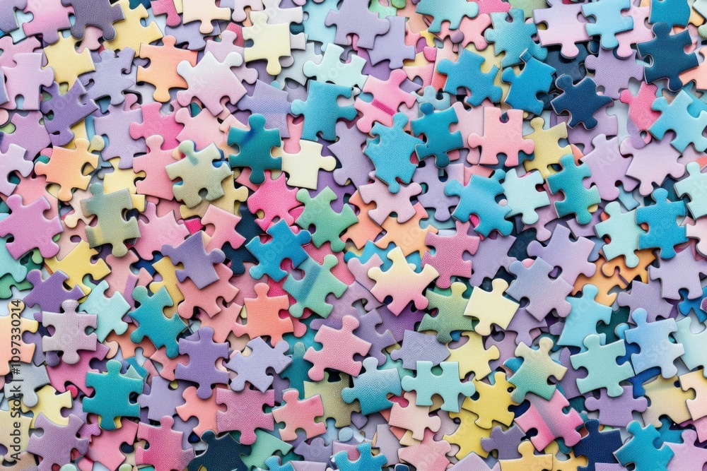 Poster colorful jigsaw puzzle pieces scattered randomly across the surface, creating a vibrant and playful 