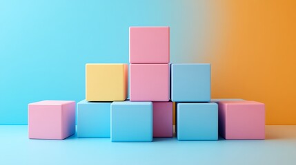 Obraz premium A colorful arrangement of building blocks in pastel shades on a gradient background.