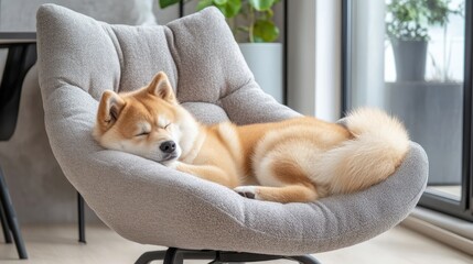 A sleeping Shiba Inu curled up in a cozy modern chair indoors.