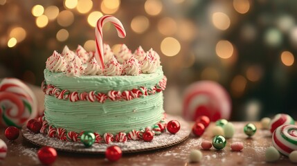 A festive cake decorated with mint frosting, candy canes, and colorful candies for celebration.