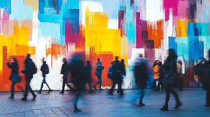 A colorful mural on a city wall with people passing by 