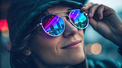 An artistic closeup of a person holding sunglasses up to their forehead where the lenses reflect a of neon blues and purples. The subtle smile on their lips hints at a fun story