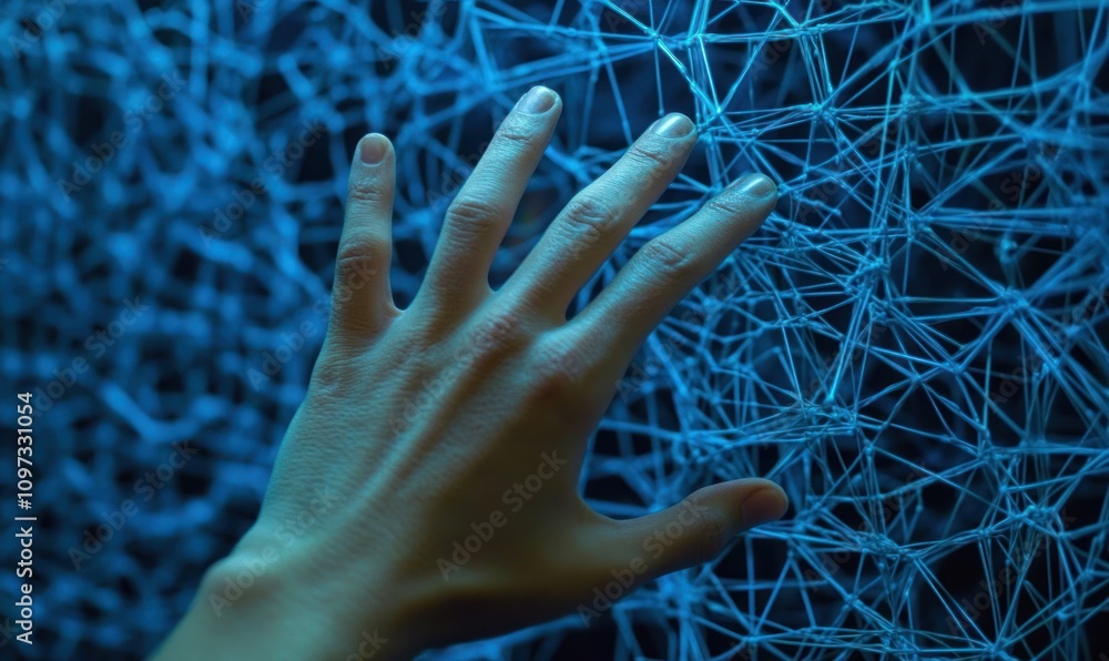 Poster a hand reaching towards a complex network of blue threads, symbolizing connection and interaction.