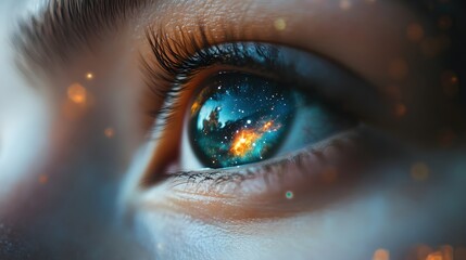 Close up of wide open human eye with galaxy reflection and glowing starry sky. Macrography of woman looking at camera confidently. Focus on eyes. Focus on eyes. Concept of vision and beauty