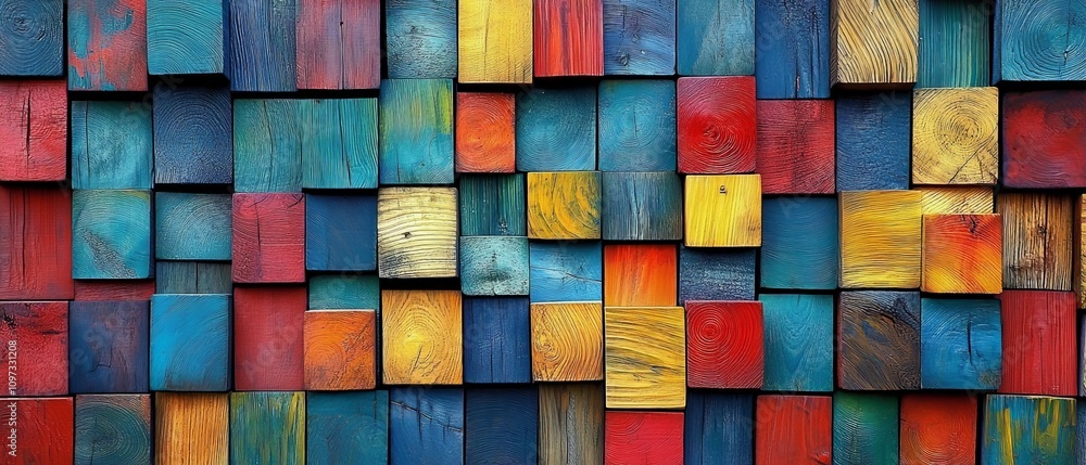 Poster multicolored wooden cubes stacked and arranged in a vibrant, layered grid pattern with natural wood 