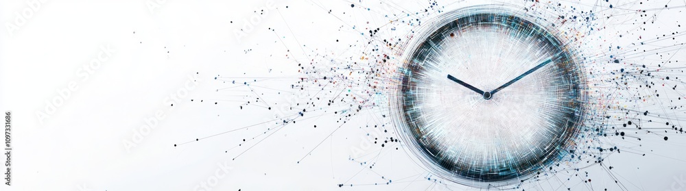 Poster a stylized clock surrounded by dynamic particles, symbolizing time and technology.