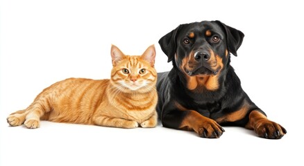 A friendly cat and dog lying together, showcasing companionship between different pets.