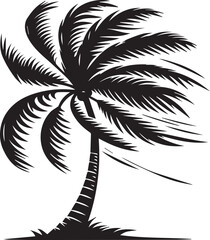 A palm tree with its fronds blown to one side as if by a strong wind vector silhouette