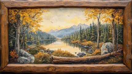Autumnal lake landscape painting in a rustic wooden frame, showcasing a serene mountain scene with golden aspen trees reflected in calm water.