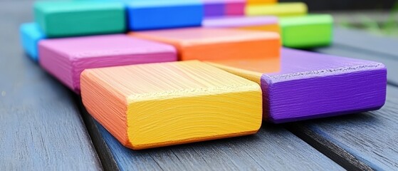 Fototapeta premium Brightly colored wooden blocks arranged on a dark surface creating a playful contrast and geometric composition ideal for educational and creative design uses