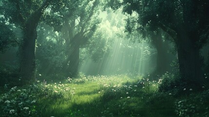 Obraz premium A serene forest setting bathed in soft, ethereal light filtering through the trees. Tall, lush trees tower on either side, their green leaves forming a canopy that gently diffuses sunlight into the cl