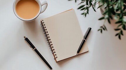 Blank Notebook Pens Coffee Cozy Workspace Setting